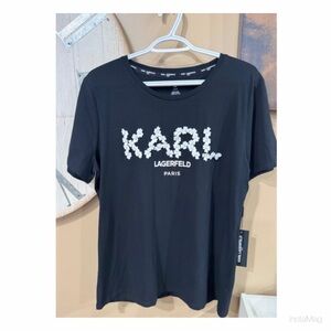 NEW Karl Lagerfeld Tee with Floral Embellished Logo Size Large Black& White